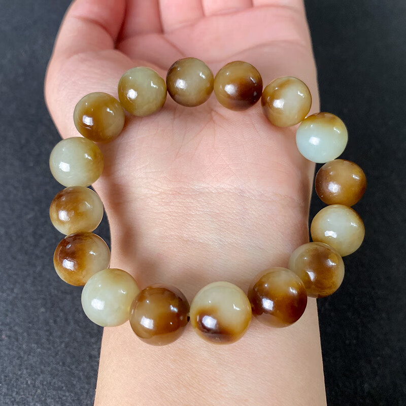 俏妆和田玉籽料糖玉圆珠手串12mm女款珠宝玉石手链飘糖散珠配饰品