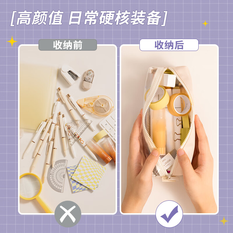 得力(deli)透明网纱笔袋学生考试可用大容量笔盒初中高中生笔袋文具收纳袋多功能铅笔袋 【淡雅蓝】透明窗窗款 66683A