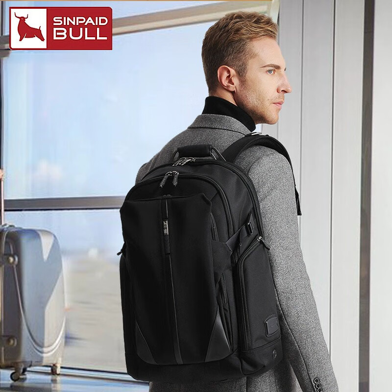申派牛标（SINPAID BULL）轻奢双肩包男背包商务旅行高端大容量出差多功能15.6吋品牌电脑包 （三层)CS8-X8-1黑钨钢色标准版