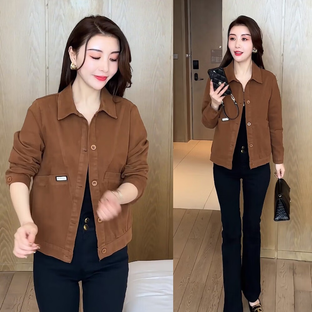 时尚女士短款外套2024新款春秋季宽松显瘦小个子百搭夹克上衣 驼色 l