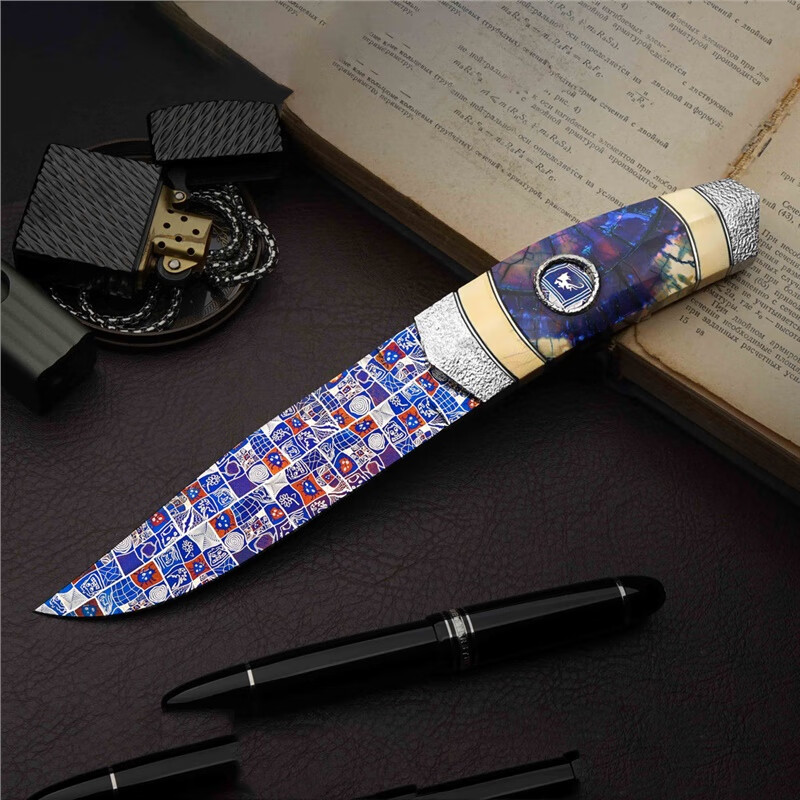 雨轩户外人脸纹大马士革钢刀北欧小刀户外烤肉刀手工高端收藏送礼直刀