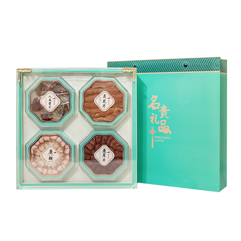 花色堂长白山四宝人参红参鹿茸片野山参送长辈西洋参礼盒 吉祥如意五宝(西洋参30g红参20g石斛50g鹿茸