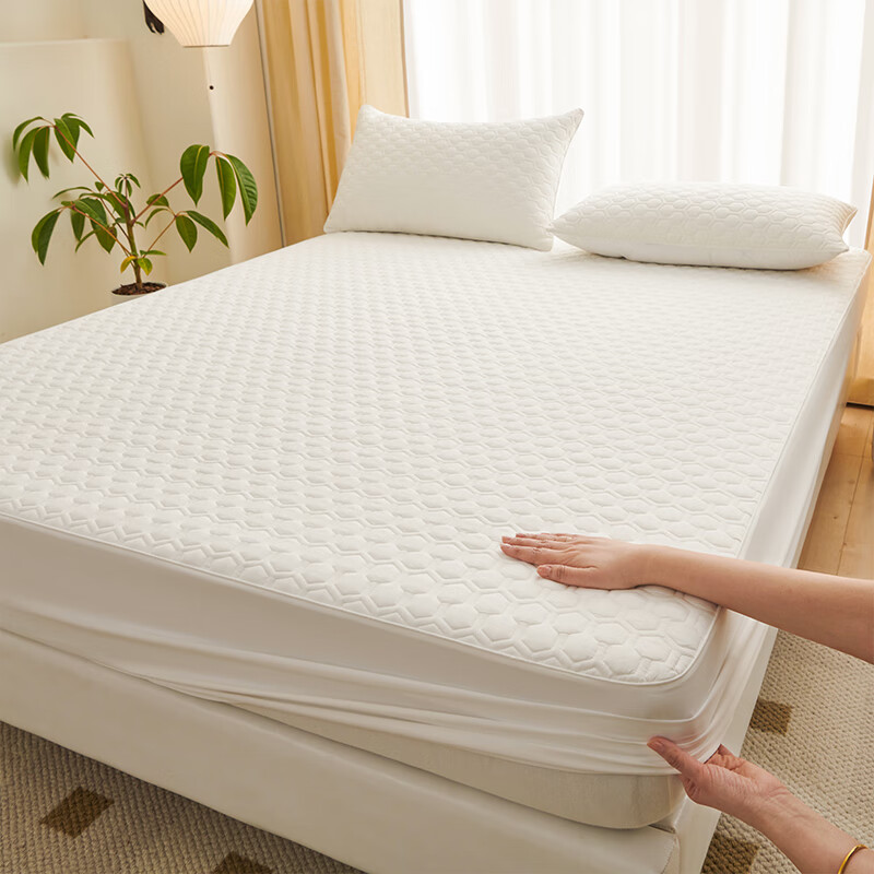 海澜之家（HLA）夹棉加厚床笠罩单件可水洗裸睡床单床罩1.5x2米床垫保护套全包围 圈圈白 150*200cm