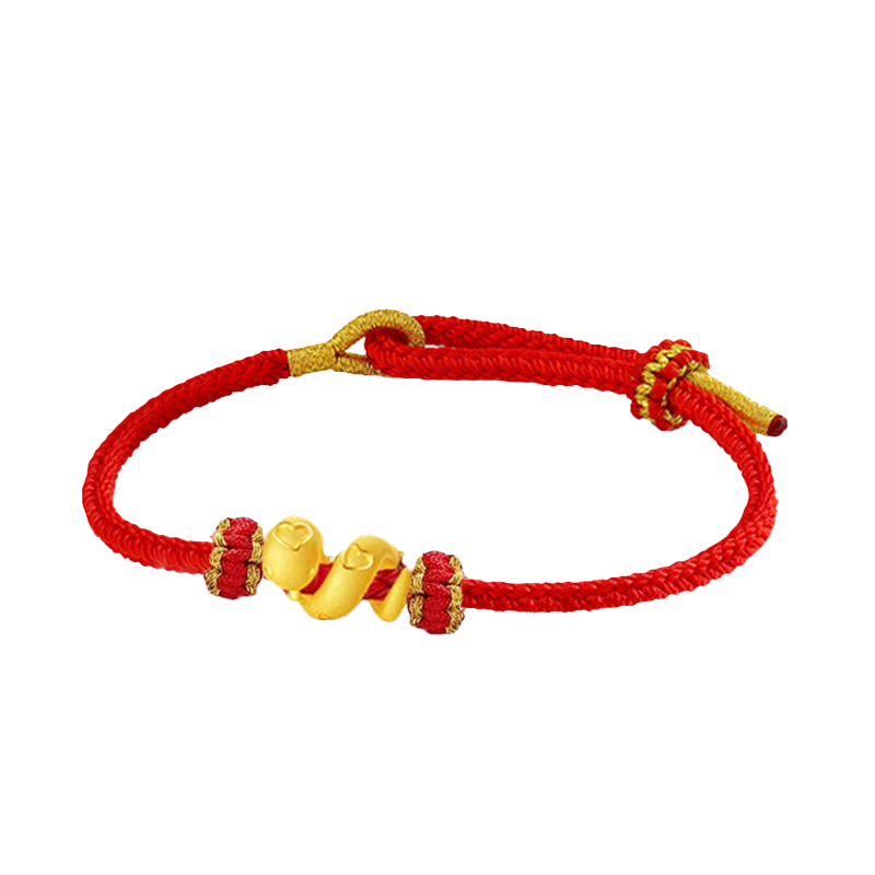 蒂蔻（Tico）生肖蛇足金卷卷蛇黃金轉(zhuǎn)運珠手鏈女款5D硬金蛇年本命年紅繩手鏈