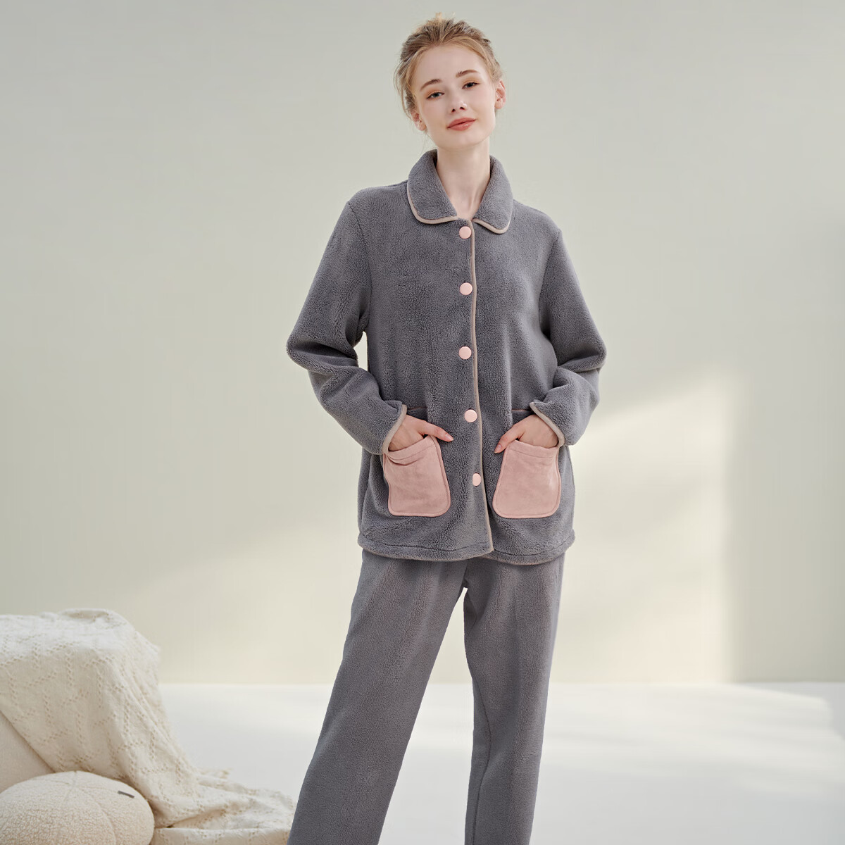 绮瑞女士家居服秋冬女复合绒加厚睡衣休闲时尚高级感珊瑚绒套装大码 灰蓝 2XL (适合140-160斤)