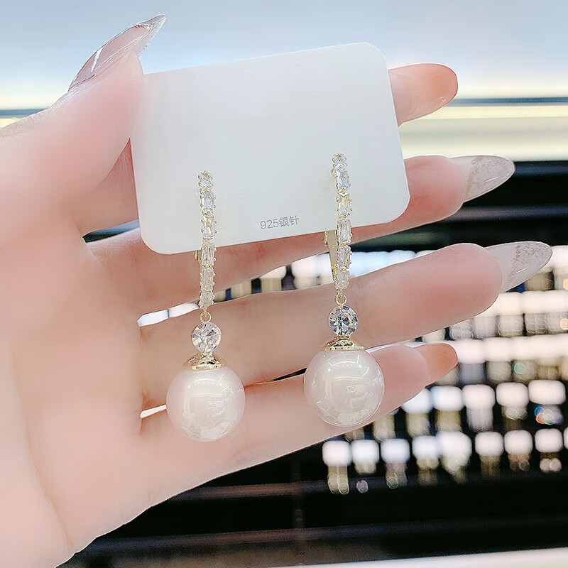 SNQP圆脸大脸适合耳环感大气镶钻香槟色珍珠耳环新款潮气 金色香槟珍珠银针