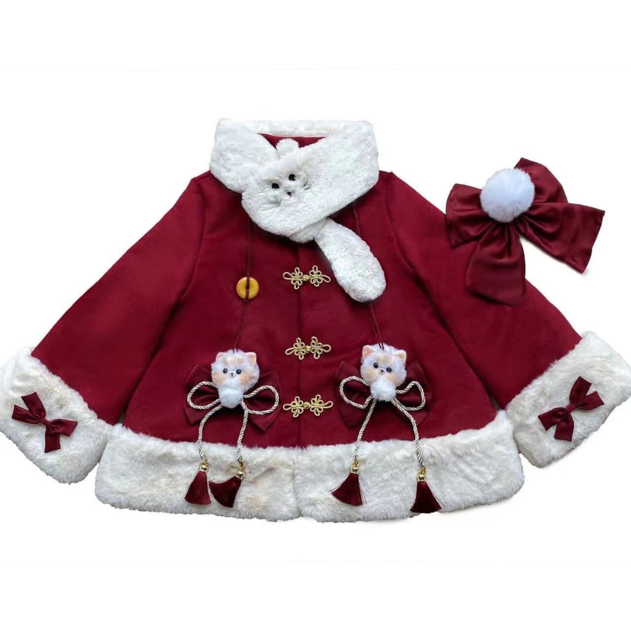 mfjo过年衣服套装女红色新年毛呢绒裙加绒加厚学生秋冬宽松外套潮两件