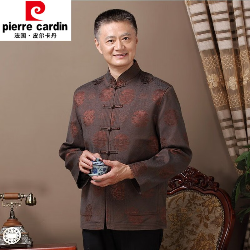 唐装男套装老人过寿生日衣服国风长袖爸爸爷爷装 春秋款千禧咖啡上衣