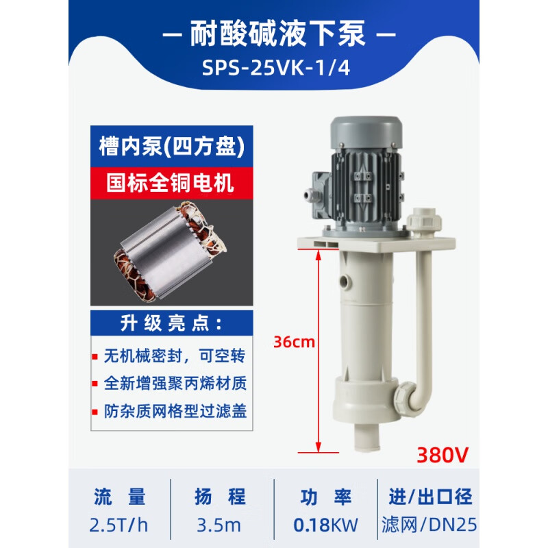 申億萊（SHEN YI LAI）耐酸堿液下泵噴淋塔防腐脫硫槽外泵可空轉循環(huán)PP化工泵槽內立式泵 四方盤(pán)】0.18KW DN25 接管外徑32
