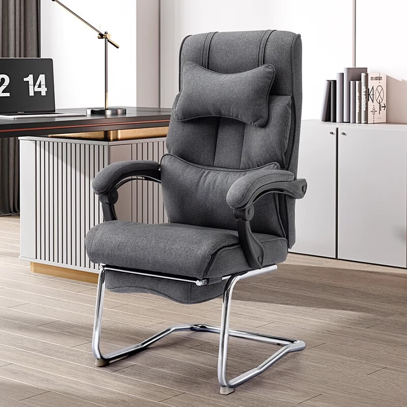 习格办公椅电脑座椅可躺午休办公室椅子舒适久坐弓形老板人体工学 棉麻 灰色+亲肤+弓形架1 钢制脚 旋转扶手