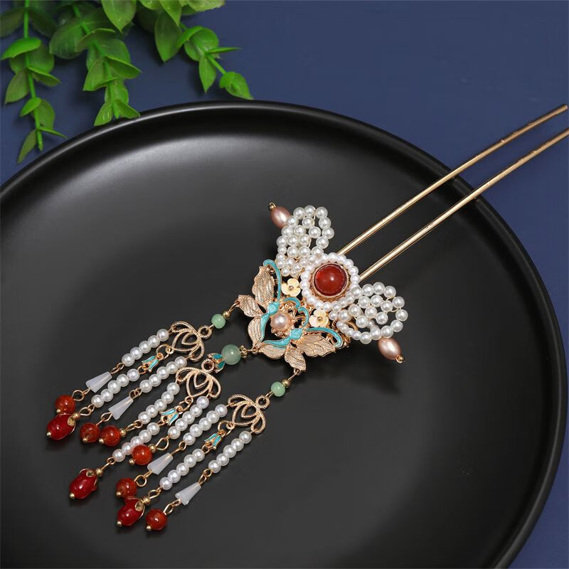 古装饰品原创复古汉服旗袍金色珍珠流苏发饰中式新娘后压蝶念发夹