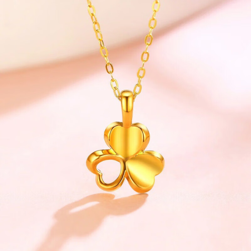 阅福3d硬金黄金999爱心三叶草吊坠幸运锁骨项链无氰工艺 三叶草吊坠