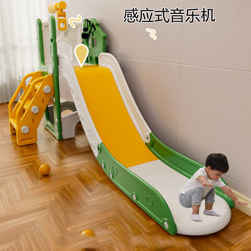 顽乐熊儿童滑滑梯秋千组合室内攀爬架加高折叠加厚组合安全环保游乐场 梦幻城绿色二合一+音乐机