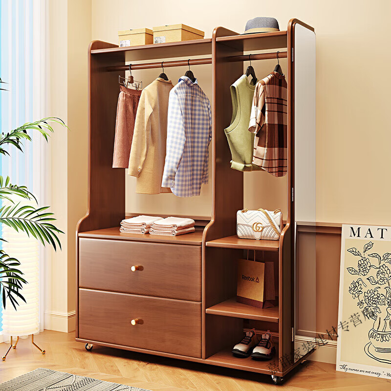 百圣牛全实木书架可旋转实木卧室落地挂衣穿衣镜一体多功能简易衣柜带