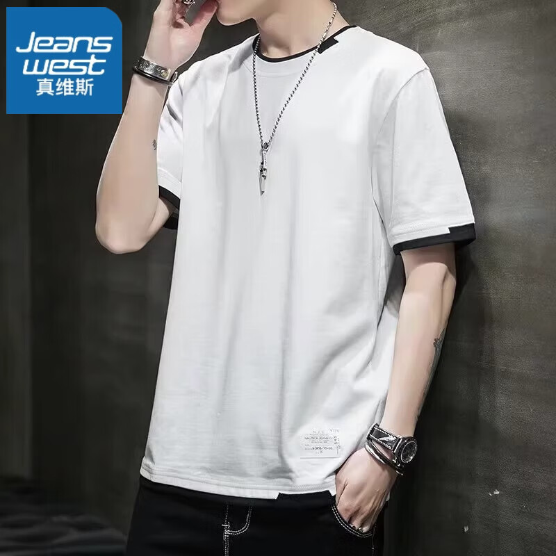 ���ڲ�������ά˹��Jeanswest���ļ����޶�����ʿT���¿�͸�����д�ɫƴ�Ӽ�����Բ�����T������ 2130��ɫ 3XL