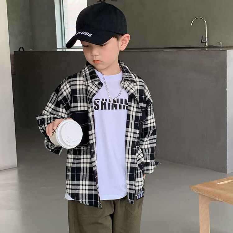 港风设计感上衣服男童长袖衬衫2024 黑色 100 码建议身高90厘米左右