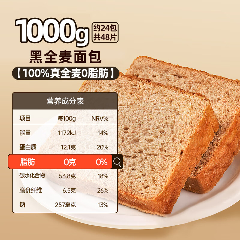 早餐吐司切片减肥代餐专用整箱早餐饱腹 [全麦0脂肪]黑全麦面包1000g
