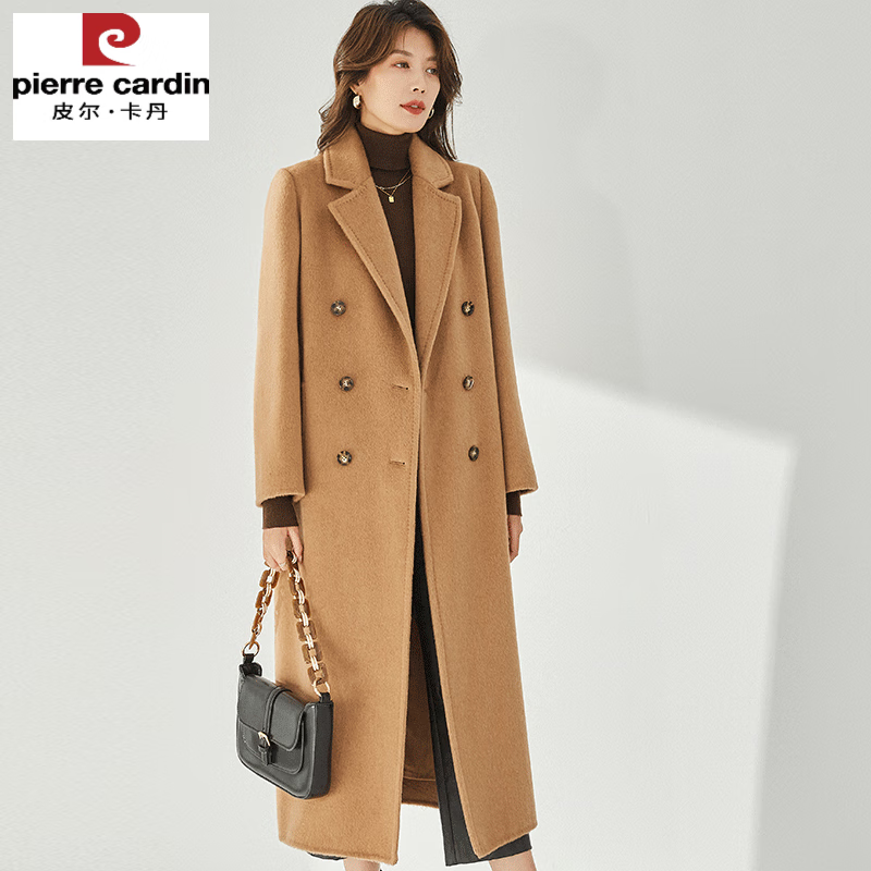 皮爾卡丹（pierre cardin）2024新款駝色駱駝絨雙面大衣女加長(zhǎng)款過(guò)膝雙排扣正肩毛呢外套 經(jīng)典駝 S