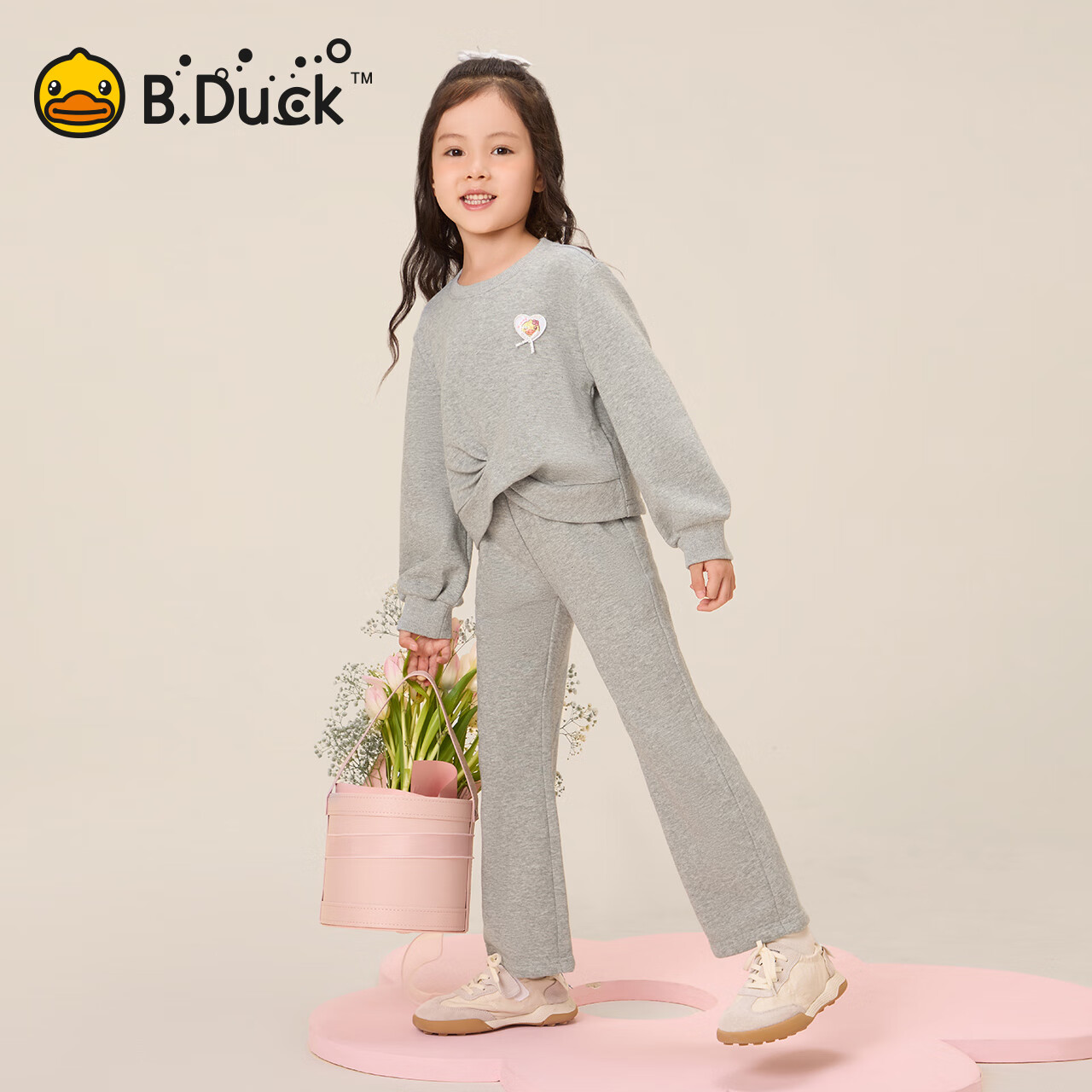 B.Duck小黄鸭童装女童套装春秋装儿童长袖运动纯色2件套潮 中花灰 130 cm