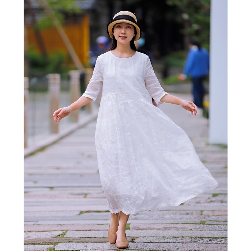 聞溪春夏季新款苧麻刺繡高端_文藝休閑寬松大碼棉麻連衣裙女 白色 S