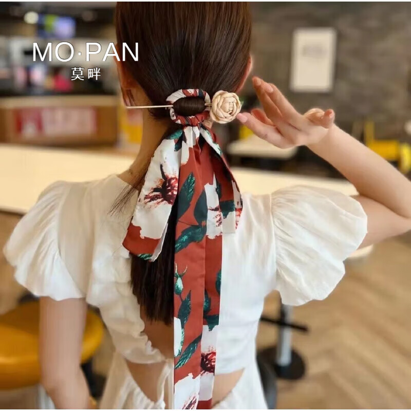 莫畔千字文發(fā)簪飄帶綁發(fā)帶后壓簡約古風女蝴蝶結現代漢服頭飾盤發(fā)簪子 山楂紅飄帶玫瑰發(fā)簪