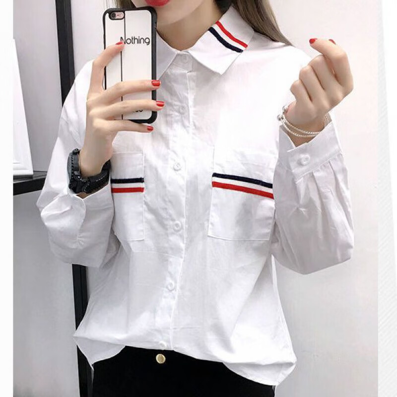 佐绯络长袖衬衫女春装上衣服夏秋新款初中高中学生韩版宽松休闲白色