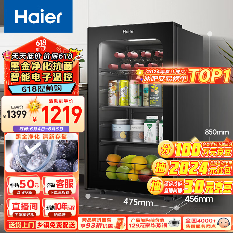 海尔（Haier）92升家用客厅办公室冷藏柜暖藏冰吧 茶叶饮料水果蔬菜保鲜柜囤货小型冰箱DS092LHESD1以旧换新