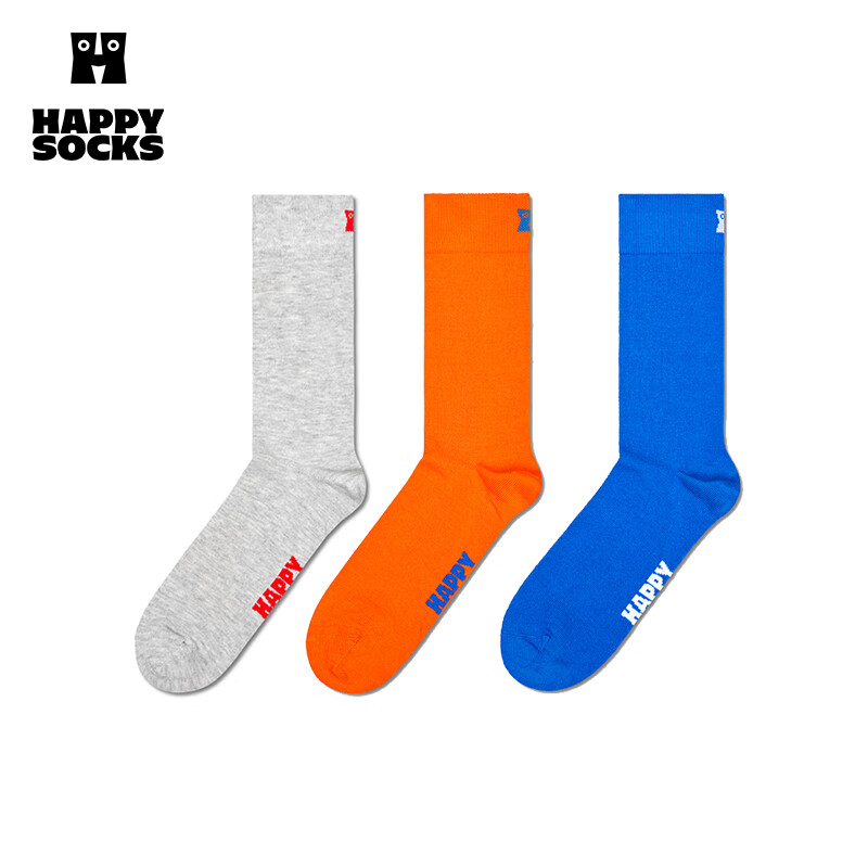 Happy Socks袜子女男士袜秋冬季纯色白色袜中筒袜时尚纯色运动袜3双装 灰蓝橙 3双 M 36-40