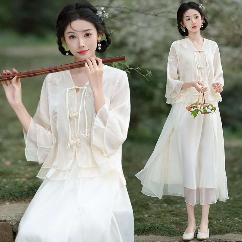 聞鶯燕夏季改良漢服成人女文藝復(fù)古清新刺繡V領(lǐng)仙氣民族風(fēng)半身裙女套裝 杏色上衣+杏色半身裙 XL （建議體重130-150斤）