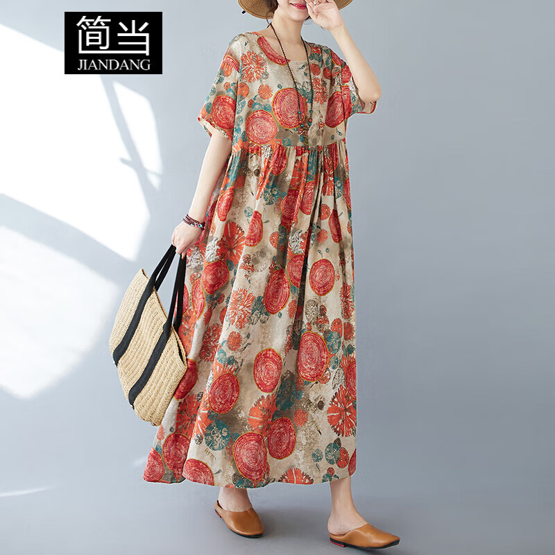 簡(jiǎn)當(dāng)（JIANDANG）大碼女裝夏V領(lǐng)薄款寬松文藝度假風(fēng)沙灘裙復(fù)古遮肉長(zhǎng)款連衣裙5847 裙版西瓜紅-ZZ1052 大碼均碼【120-190斤】