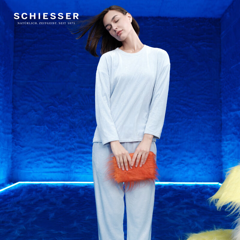 舒雅(Schiesser)女士厚款绒感压花吸湿透气圆领长袖长裤睡衣家居服套装23292H 粉藍 M