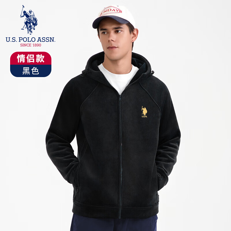 U.S. POLO ASSN.保罗情侣卫衣秋季新款休闲上衣男时尚休闲百搭保暖开衫卫衣 黑色 2XL