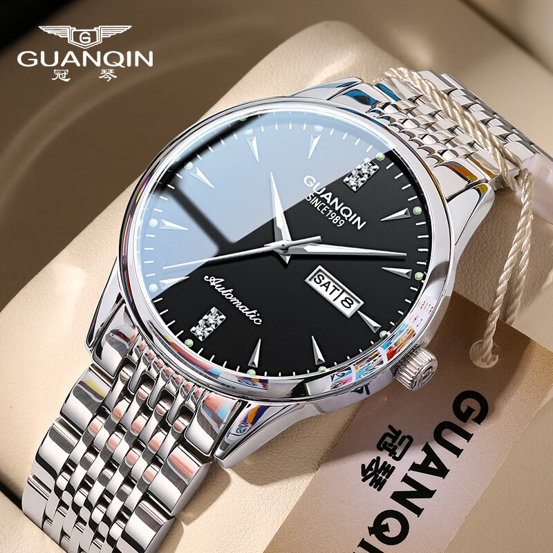冠琴（GUANQIN） 名表 新款手表男士全自动机械商务休闲防水夜光男表精钢时尚简约 冠琴 16221精钢黑面 免费刻字 京东折扣/优惠券