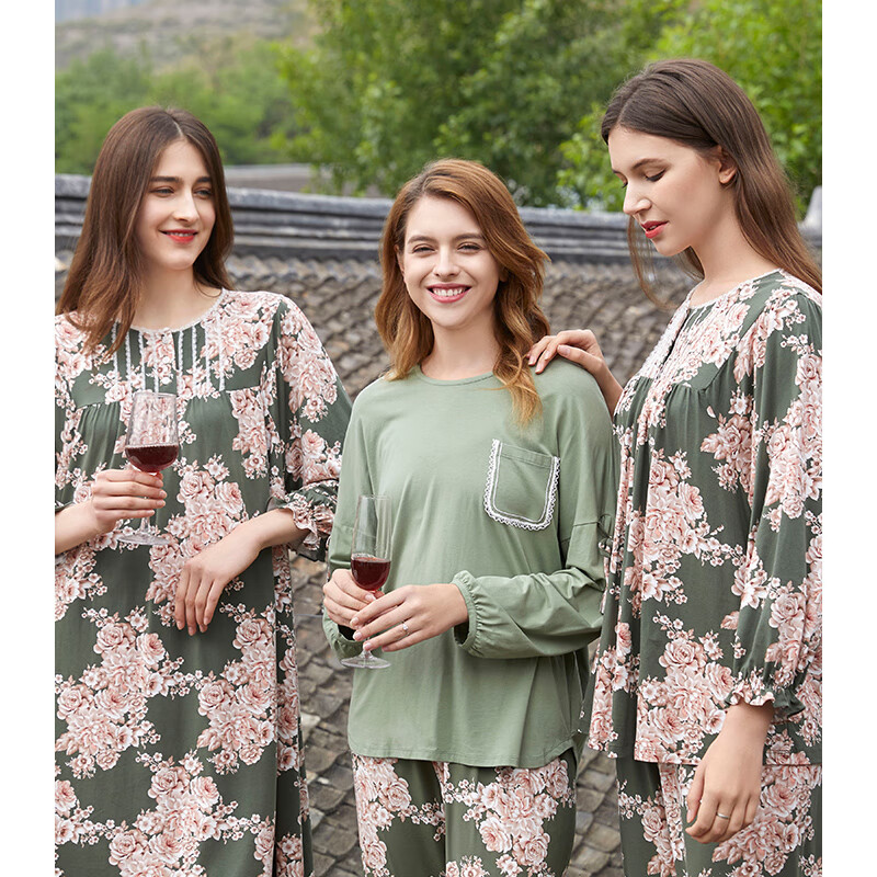 绮瑞女士可外穿家居服春秋莫代尔棉大码睡衣长袖国风文艺妈妈秋款 绿色 L(适合105-125斤)