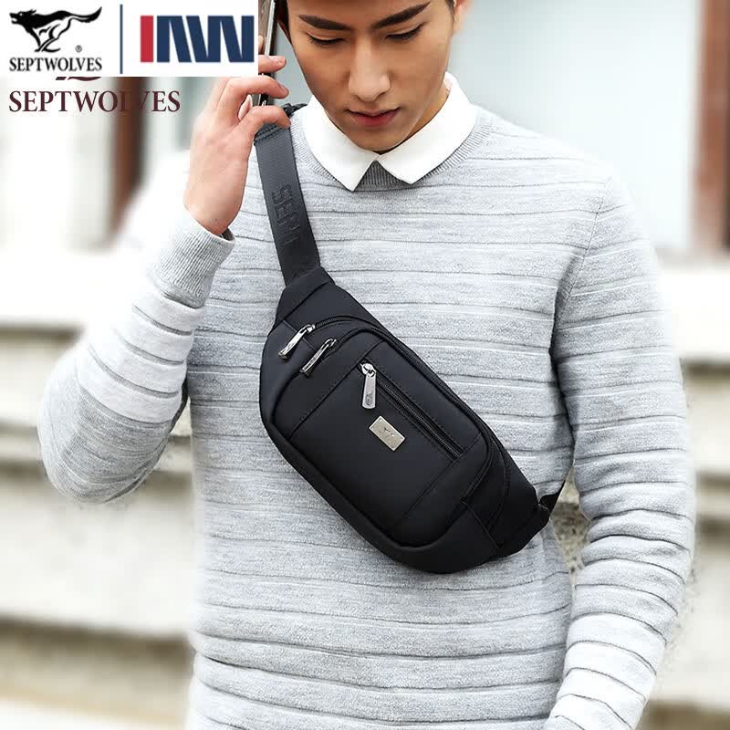 七匹狼2025年新款腰包男多功能运动跑步手机包大容量斜挎包收银帆布腰包 款式一黑色