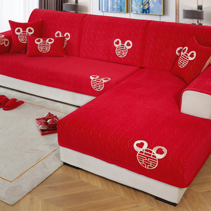款 婚庆沙发垫子 四季通用喜庆沙发套 沙发套罩全 真心真意-宝石红