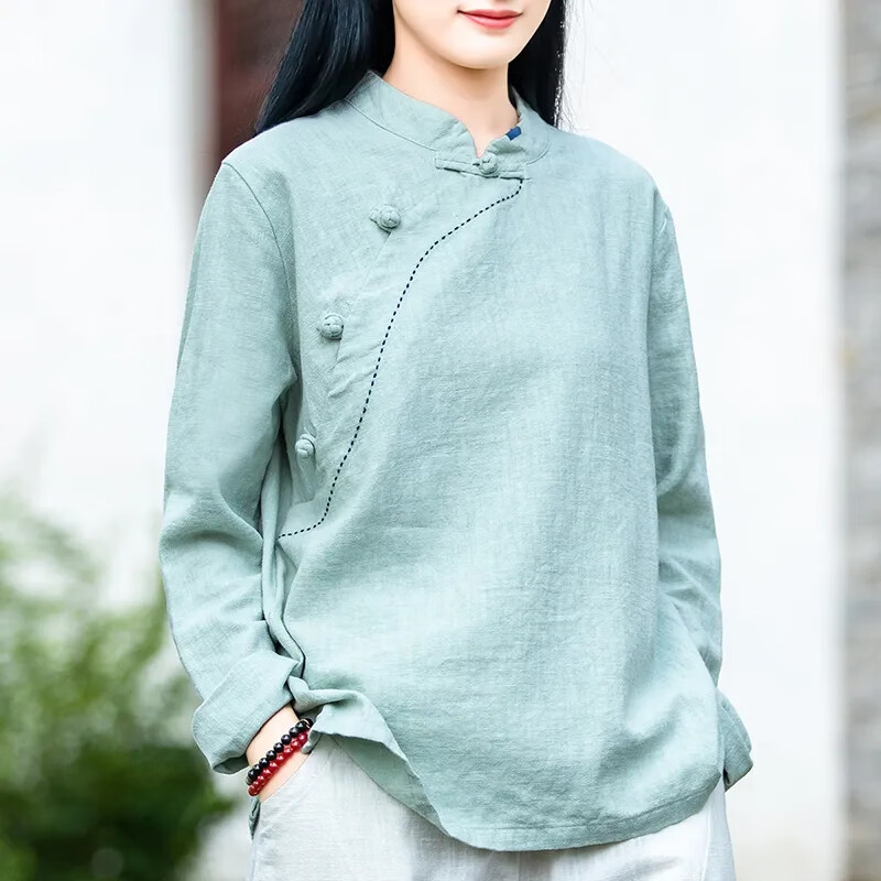 未萱斜襟禪茶服裝茶人服茶服女禪意文藝國風(fēng)早春佛系禪服居士服拜佛素 豆綠色少量 4XL170-195斤 均碼