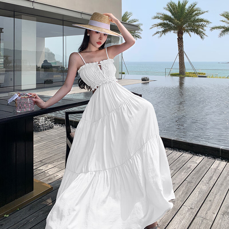 摩舍夏季新款贴身细腻棉女神度假浪漫长裙镂空高腰大摆裙海边沙滩裙