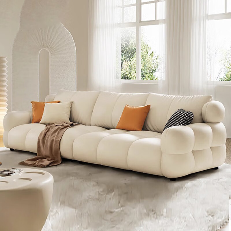 杨宅极至真皮沙发头层牛皮奶油风客厅小户型现代简约直排广东佛山泡芙沙发 2.4米 大三人位 加厚头层牛皮