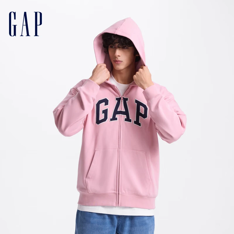 GAP男女装字母logo拉链连帽法式毛圈卫衣外套611720 粉色 L (175/96A) 亚洲尺码