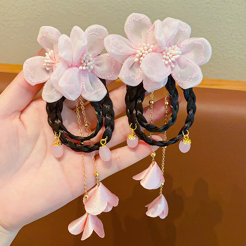 京噶汉服头饰儿童发夹女童汉服头饰女儿童古风发夹女童花朵假发辫子