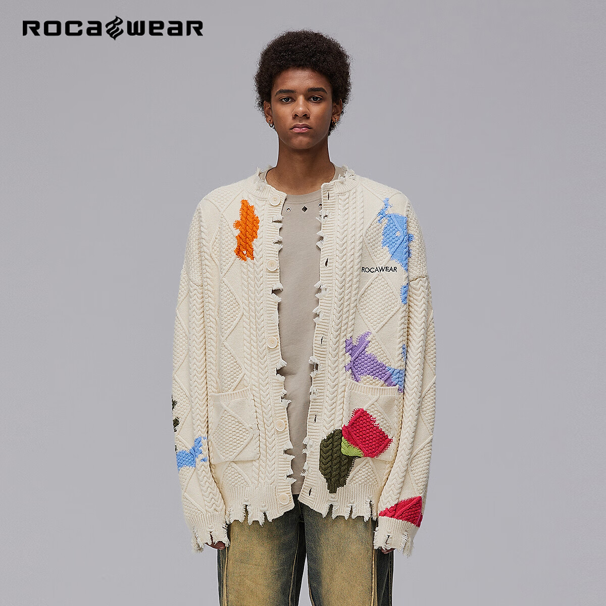 ROCA WEAR【徐子未同款】破洞涂鸦情侣开衫毛衣宽松慵懒针织外套 米色 180