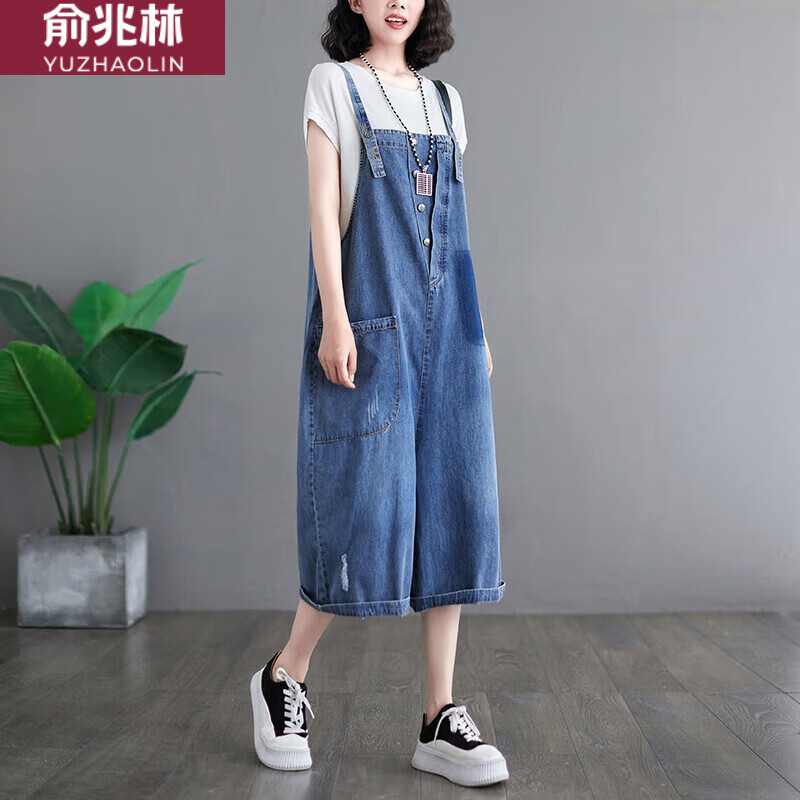 俞兆林2024夏裝新款韓版寬松牛仔背帶褲闊腿連體褲百搭七分褲女顯瘦 藍(lán)色 M[建議95-115斤]