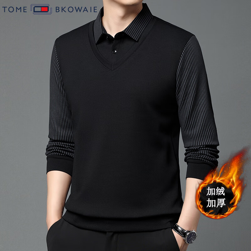 汤米芙兰可加绒加厚假两件2025年秋冬季新款保暖休闲修身套头男士上衣 黑色加绒 2XL /180(建议150-165斤)