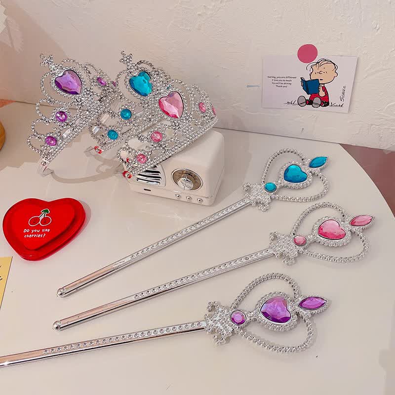 伊莉洛 儿童皇冠头饰水晶发箍小魔仙艾莎公主发卡发饰魔法棒生日礼物 【蓝+粉】皇冠+手杖4件套