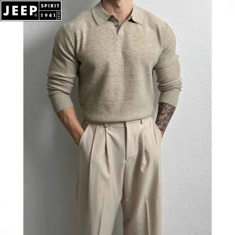 JEEP SPIRIT秋冬新款翻领长袖针织衫男士英伦时尚商务风修身毛衣内搭打底衫男 杏色 M