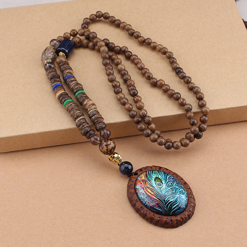 pure girl 复古民族风长款毛衣链女百搭木质 佛珠项链简约衣服配饰