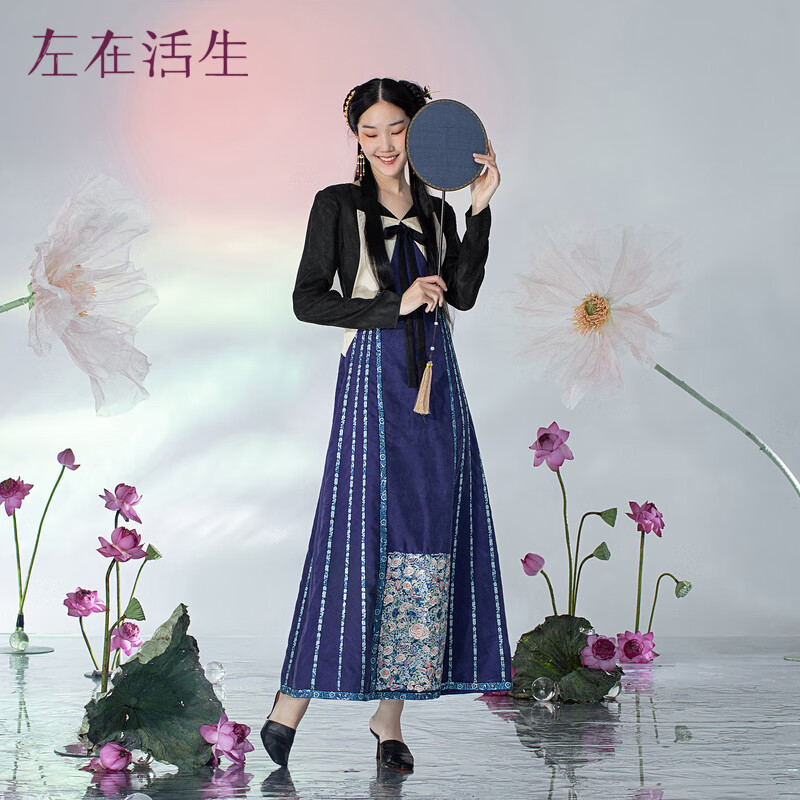 生活在左生活在左禮服系列秋季繡花復(fù)古馬面裙禮服裙宴會連衣裙子 黛紫色 S