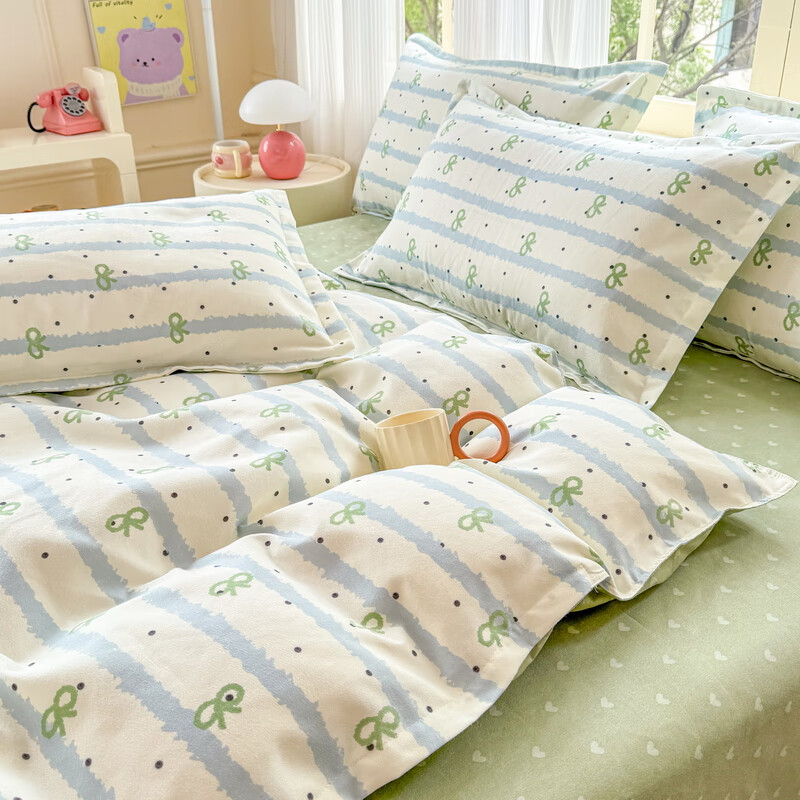 多兰诗（Duolanshi）磨毛四件套 斜纹印花卡通套件被套床单宿舍四季床上四件套 点点情深 2.0米 床单款 -被套200*230 四件套