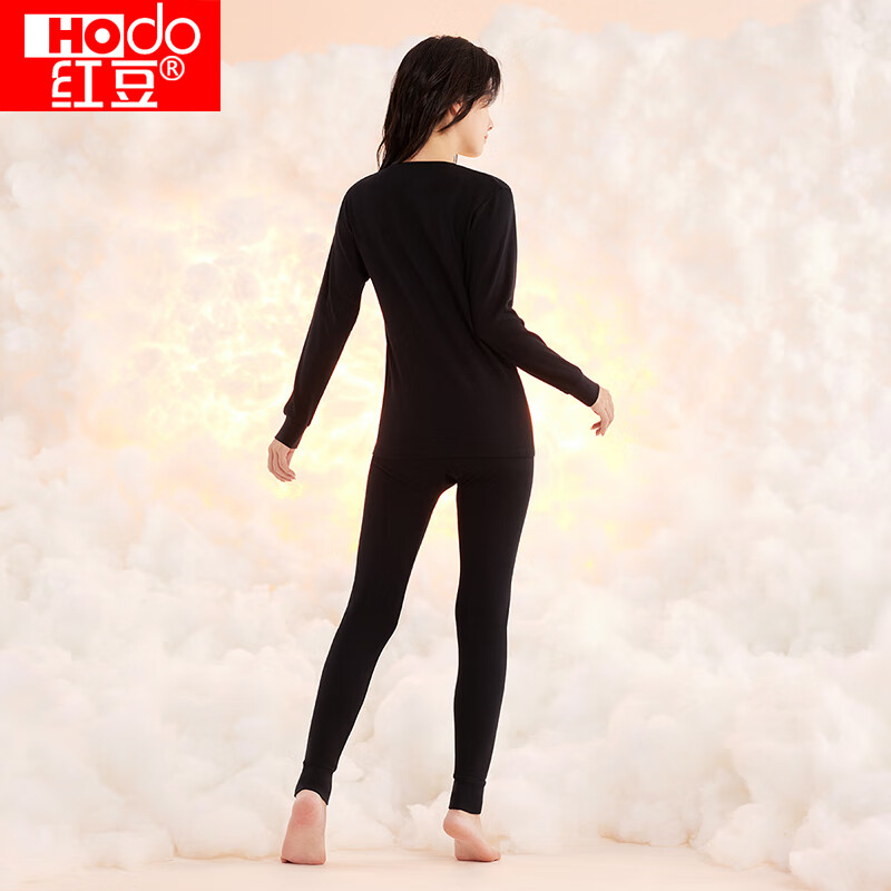 红豆（Hodo） 秋衣秋裤纯棉薄款套装 全棉圆领基础打底棉毛衫裤秋上新 女款阑夜黑（圆领） M 165/90